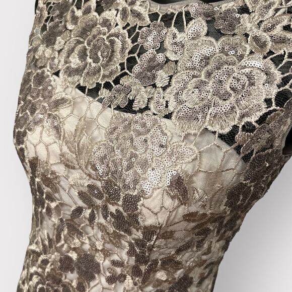 Adrianna Papell Formal Lace Sheath Dress Womens sz 2 Floral Sequin Golden Gown - Picture 3 of 14